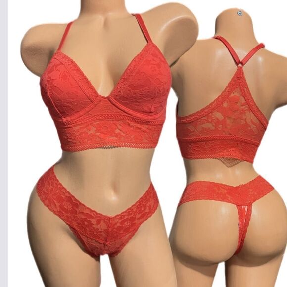 Victoria’s Secret Pink Set Lined padded Lace bralette & thong panty set Red S - Picture 4 of 5